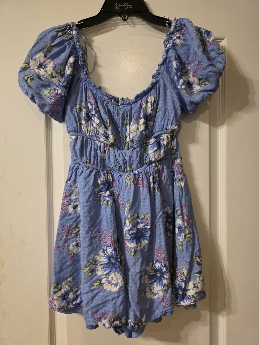 Junior's Blue Floral Puff-Sleeve Casual Romper